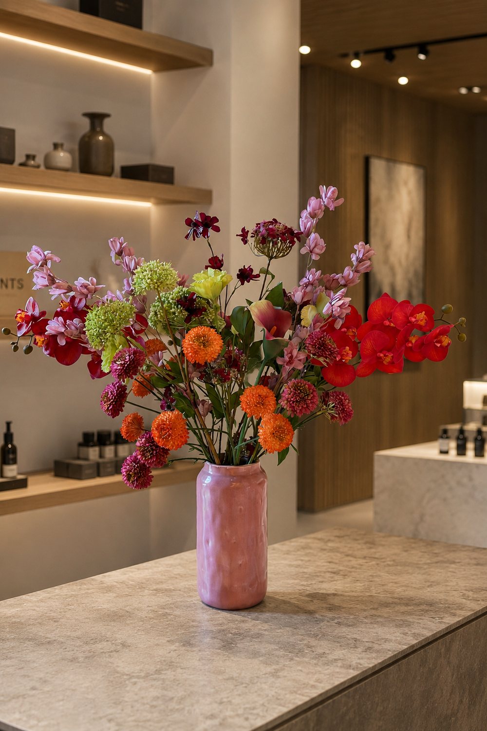 Kleurrijk boeket in een roze keramische vaas op een natuurstenen toonbank in een winkelinterieur